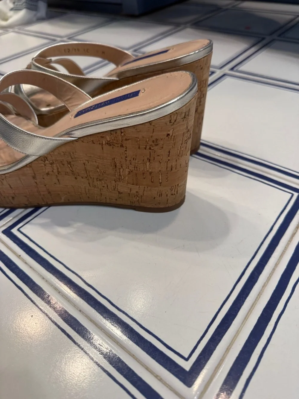Stuart Weitzman Metallic Silver Braided Cork Wedge Sandals - Picture 3 of 5